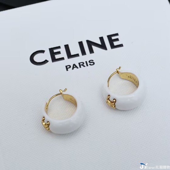 Celine 凱旋門白琺瑯水滴耳扣