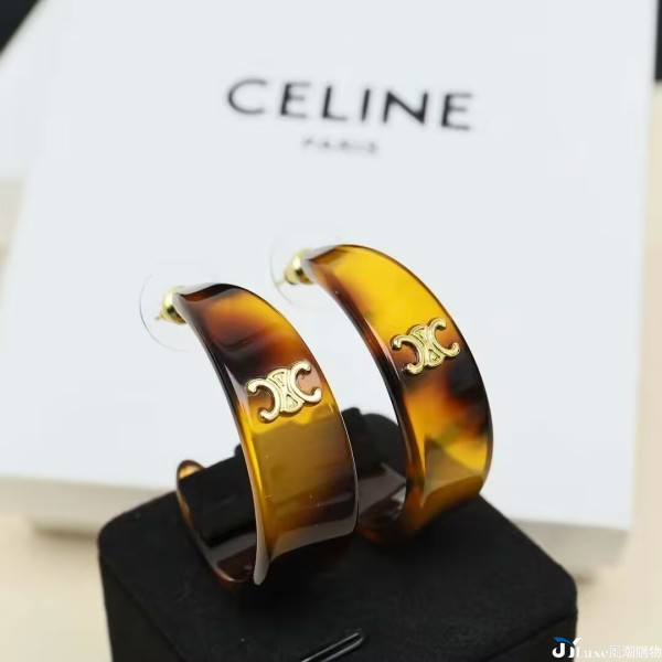 Celine 凱旋門玳瑁亞克力 C 圈耳環