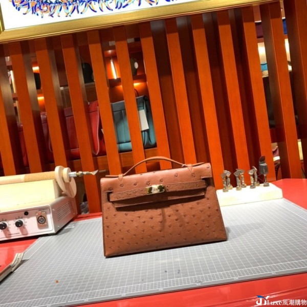 全手縫mini一代凱莉包空姐包原版南非鴕鳥皮22cm晚宴包